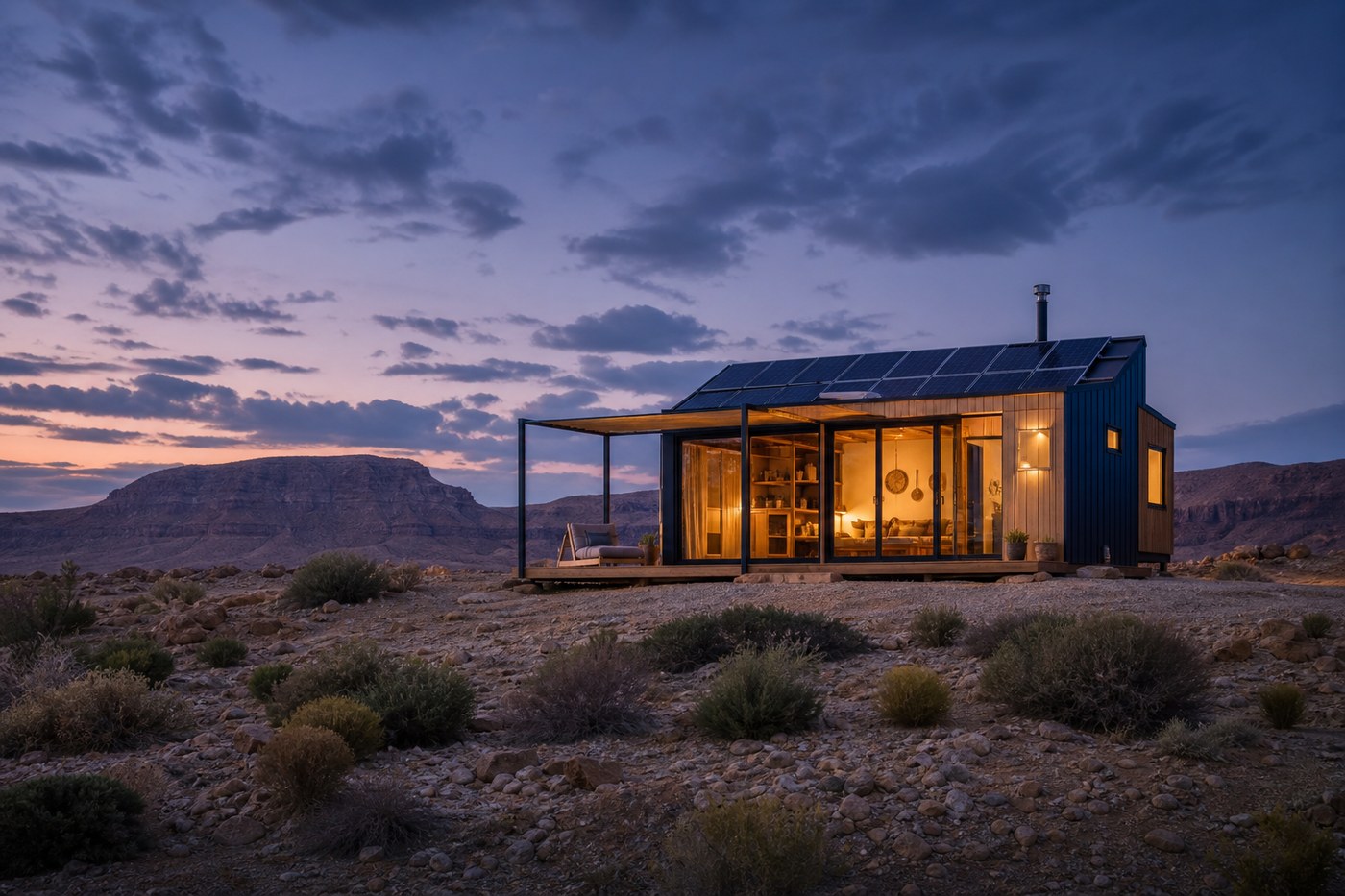 Eco tiny home under the Negev sky at dusk